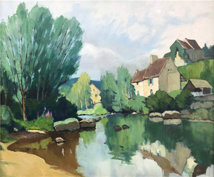 乔治·查尔斯·罗宾(Georges Charles Robin)作品-法国小村庄的夏季河景