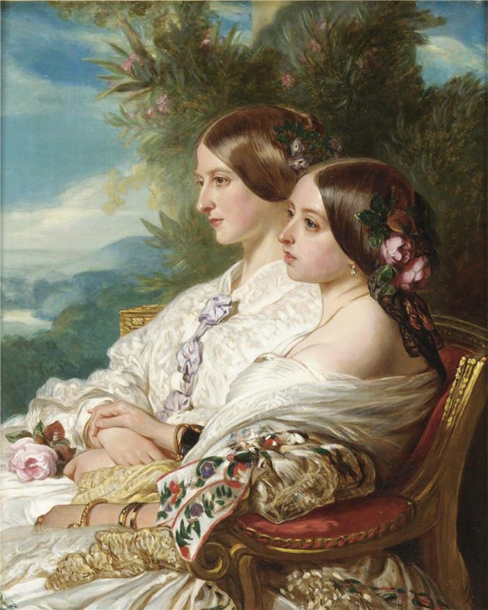 《Victoria and her cousin》弗朗兹·萨维尔·温特豪德（Franz Xaver Winterhalter）作品, 1852年