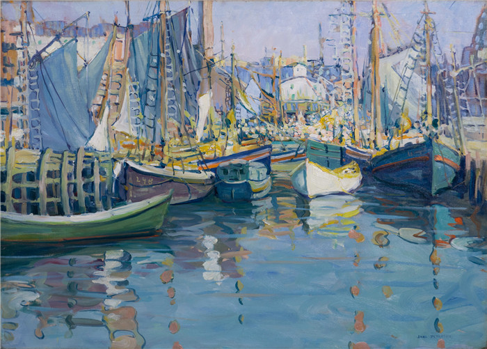 《格洛斯特港的船只》简·彼得森(Jane Peterson)高清作品-Boats in Harbor, Gloucester