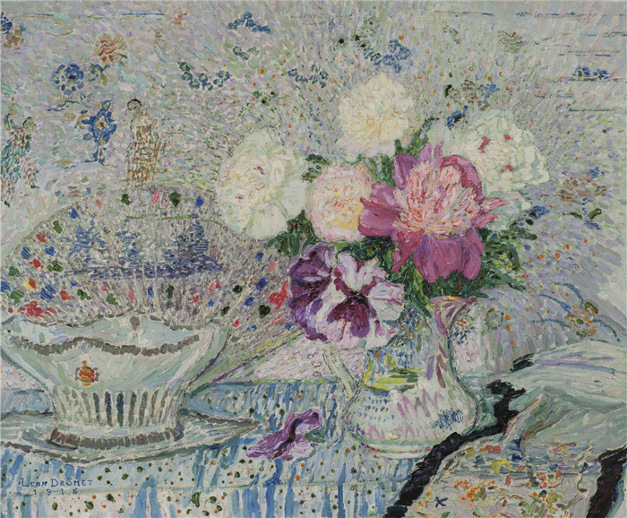 《静物与花束、篮子和扇子》莱昂·德·斯梅特(Léonde Smet)作品-Still Life with Bouquet, Basket and Fan, 1916