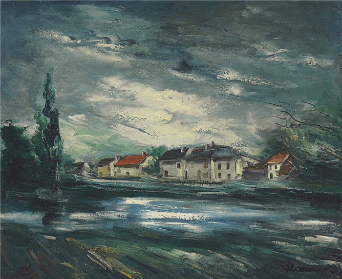 《河边的村庄》莫里斯·德·弗拉明克(Maurice De Vlaminck)作品-village au bord de la riviere
