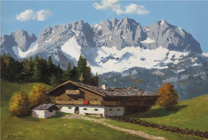 《蒂罗尔农舍》卡尔·潘切里（Karl Pancheri）作品-Tiroler Bauernhaus mit Wildem Kaiser, signiert unten links K. Pancher