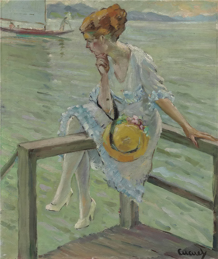 《湖边一位优雅的女士》爱德华·库柯(Edward Cucuel)作品 - an elegant lady by a lake