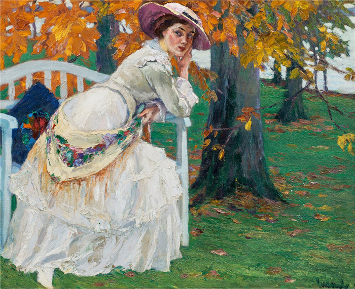 《在秋天的山毛榉下》爱德华·库柯(Edward Cucuel)作品 - Под осенними буками (Unter den Herbstbuchen) 65 х 80