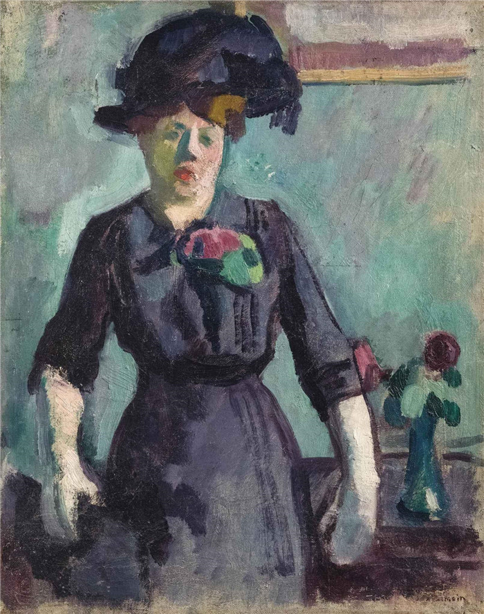《戴大帽子的年轻女子》查尔·斯卡莫因(Charles Camoin)作品-Jeune femme au grand chapeau, 1900