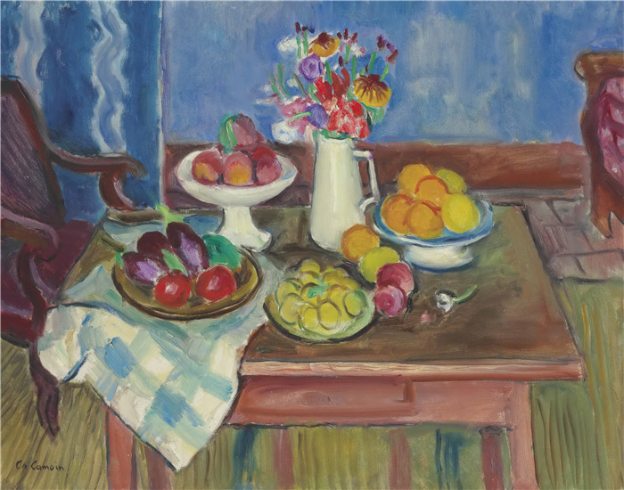 《果盘白色水罐静物》查尔·斯卡莫因(Charles Camoin)作品-nature morte au compotier blanc pichet blanc avec des f