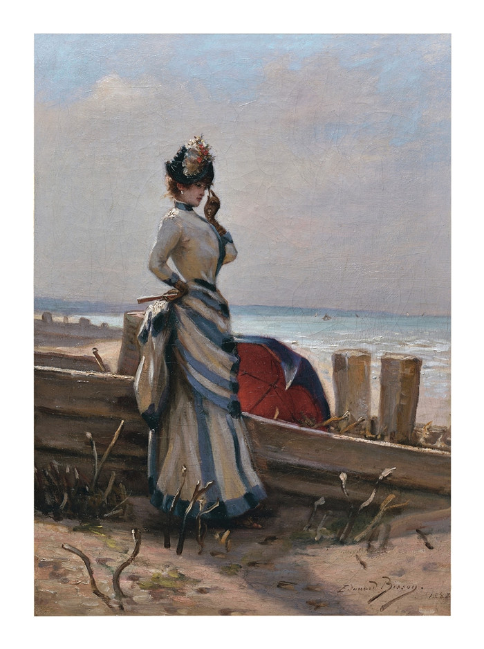 《海边的一位优雅女子》爱德华·比松（Edouard Bisson）作品-AN ELEGANT WOMAN BY THE SEA, 1888 