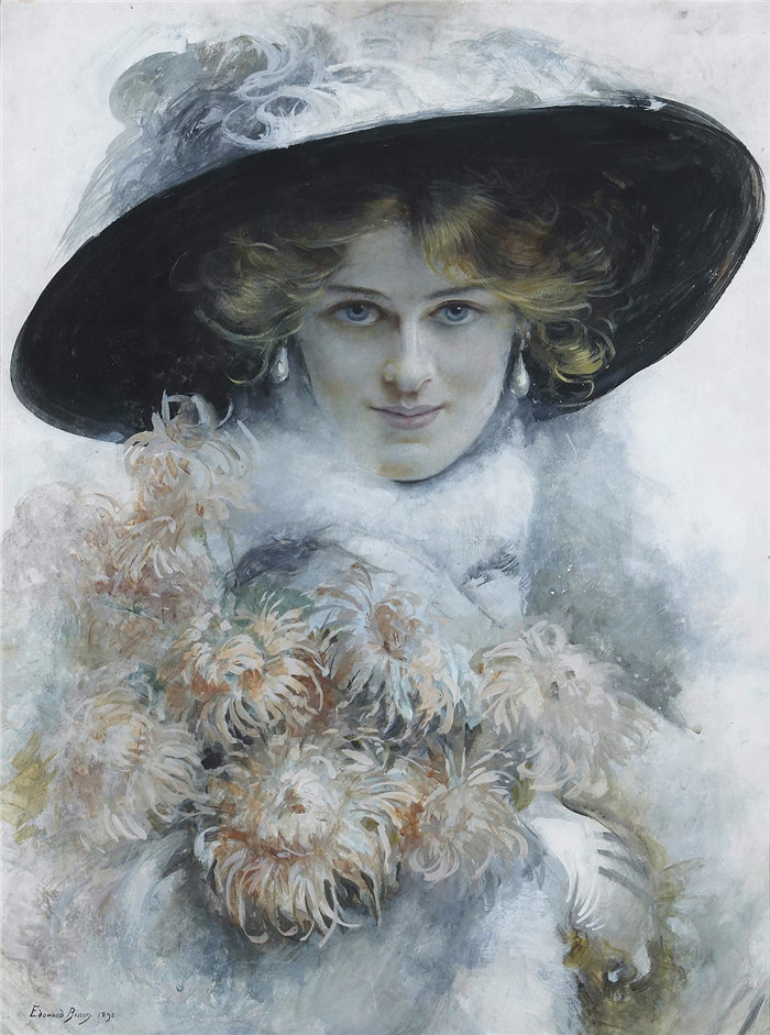 《一位戴着黑帽子、怀里抱着一束花的女士的肖像》爱德华·比松（Edouard Bisson）作品