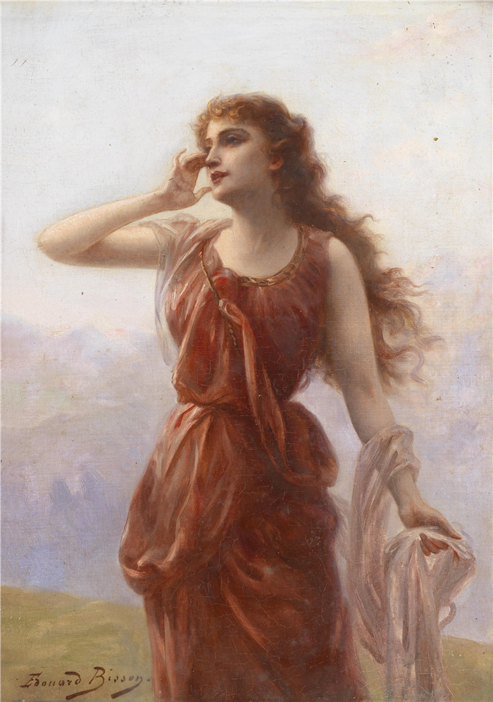 《一位目光长远的红衣少女》爱德华·比松（Edouard Bisson）作品-A Young Woman in Red with a Longing Gaze