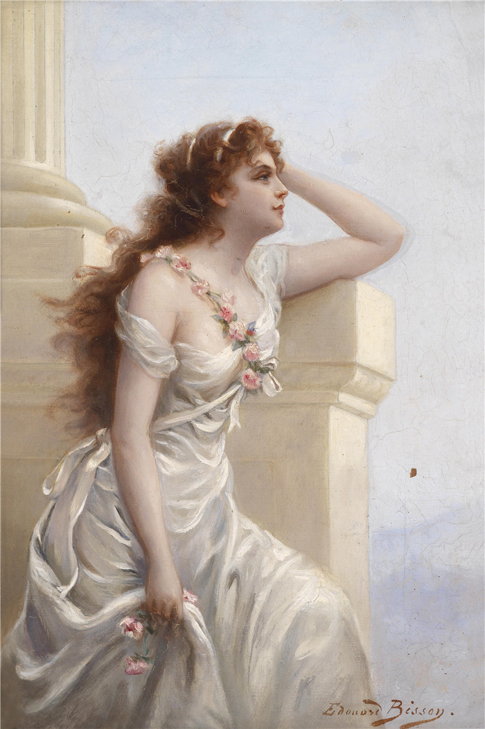 《一位带着玫瑰花圈的年轻美人》爱德华·比松（Edouard Bisson）作品-A young beauty with a wreath of roses