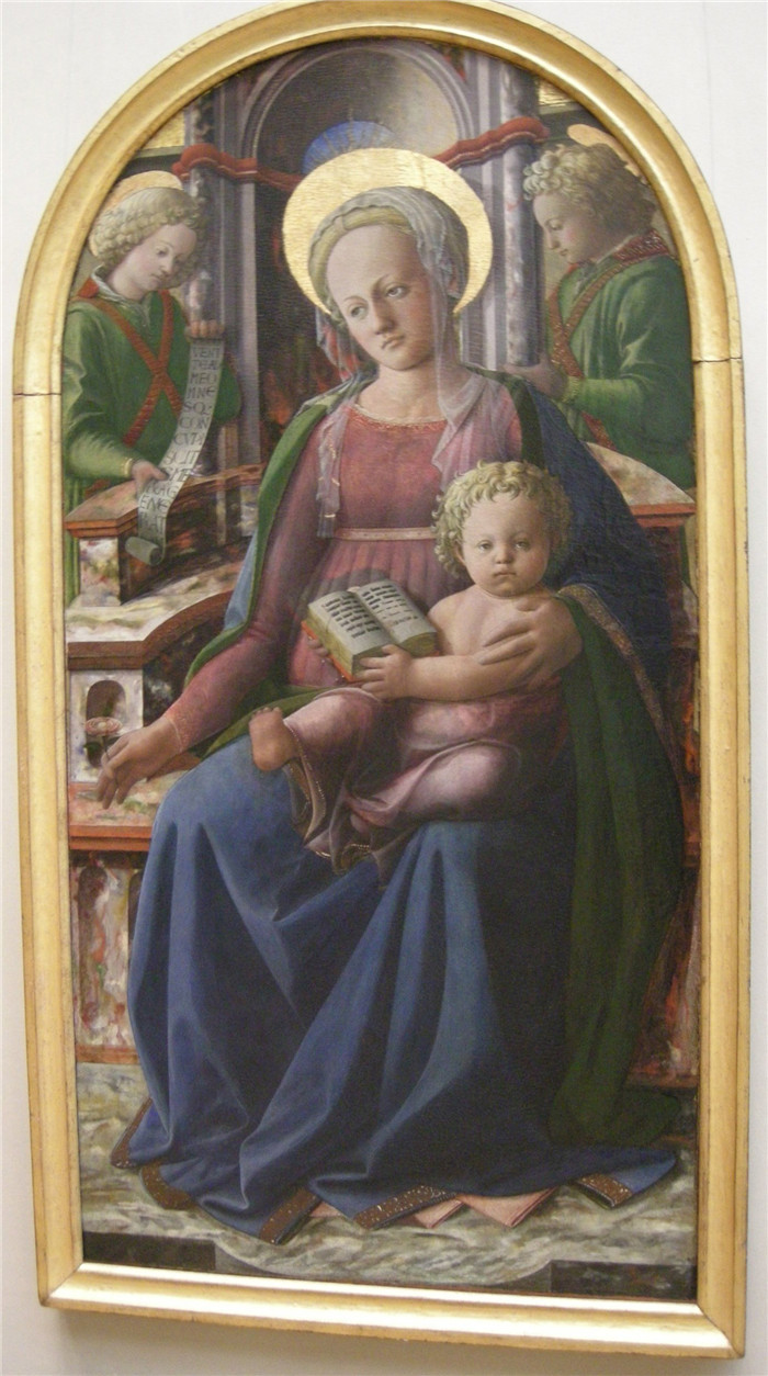 《麦当娜与王座上的孩子和两个天使》菲利皮诺·利皮(Filippino Lippi)作品-madonna col bambino in trono e due angeli