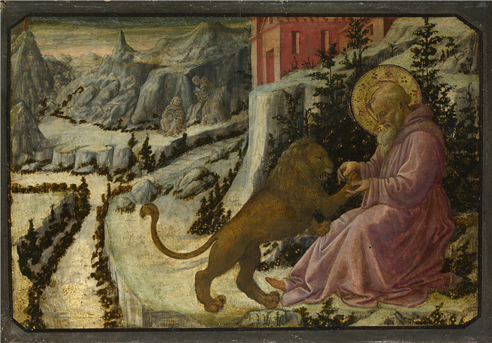 《圣杰罗姆与狮子》菲利皮诺·利皮(Filippino Lippi)作品-Saint Jerome and the Lion - Predella Panel