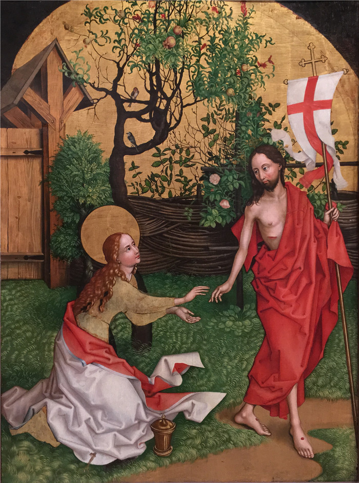 马丁·施高尔（Martin Schongauer）作品-抹大拉的马利亚在复活节早晨在伊甸园里认出耶稣
