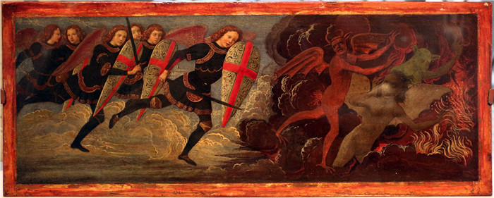 多梅尼科·吉兰达约（Domenico Ghirlandaio）作品-天使长圣米迦勒与天使们对抗魔鬼，1479年