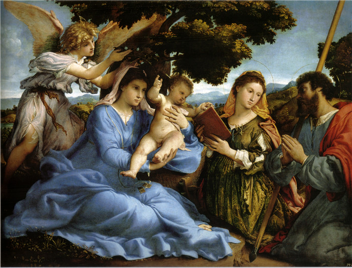 洛伦佐·乐透（Lorenzo Lotto）作品-圣母子与圣凯瑟琳、大圣詹姆斯和天使