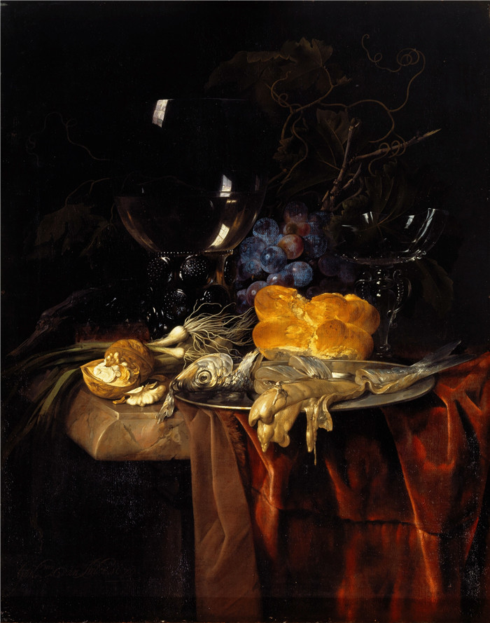 威廉·范·阿斯特(Willem van Aelst)作品-黑布上放着鱼子、鱼、面包、核桃、洋葱和葡萄的静物画