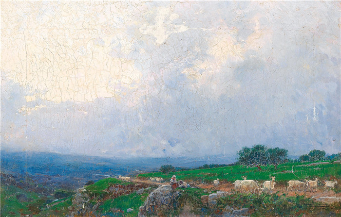 马里亚诺·巴尔巴桑(Mariano Barbasán)作品-意大利牧民和山羊在开阔的景观中