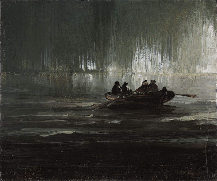 佩德·巴尔克(Peder Balke)作品-划艇上四个男人的北极光