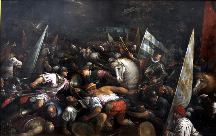 弗朗切斯科·巴萨诺（Francesco Bassano the Younger） 的画作-战斗现场，写着“查理八世接受那不勒斯的王冠”