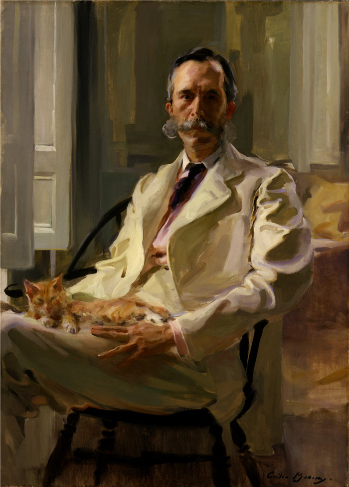 塞西莉亚·博克斯(Cecilia Beaux)作品-《男人与猫》(Henry Sturgis Drinker)美国