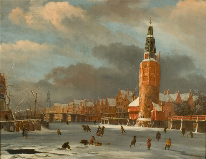 亚伯拉罕·比尔斯特拉滕 （Abraham Beerstraten） 画作-Wintergezicht bij de Montelbaanstoren te Amsterdam