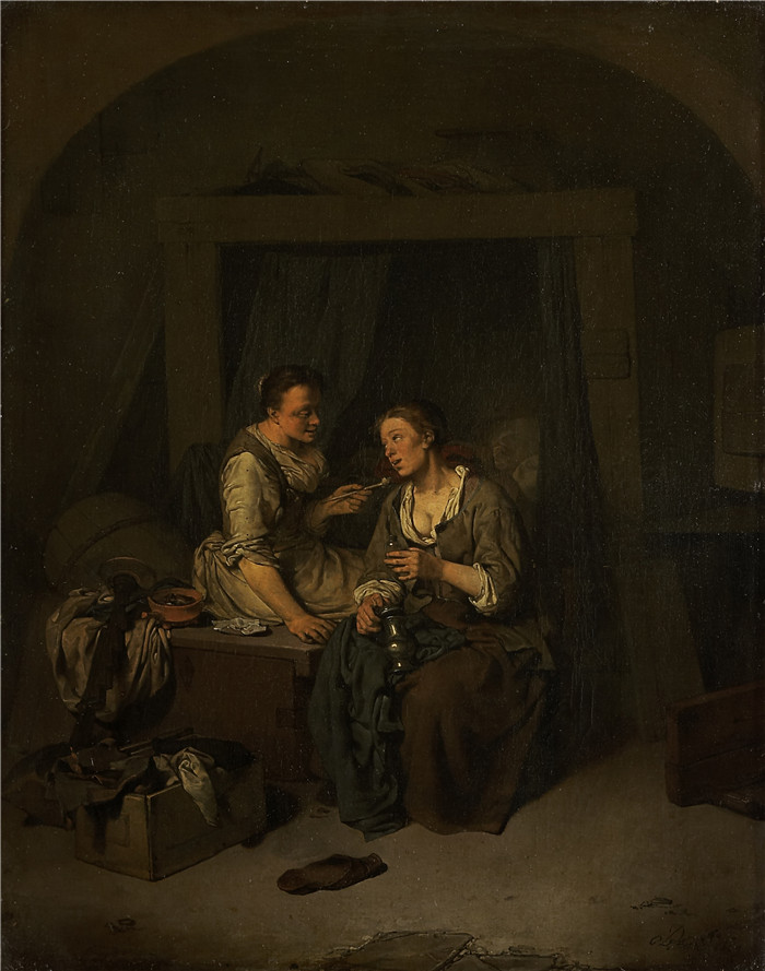 科内利斯·彼得斯·贝加（Cornelis Pietersz Bega）作品-两个女仆喝酒抽烟