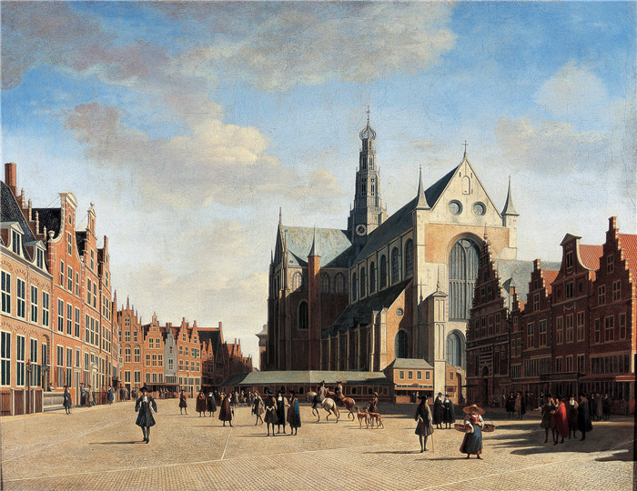 格里特·伯克海德（Gerrit Berckheyde）作品-哈勒姆的 Grote Markt 和圣巴夫教堂，从西面看