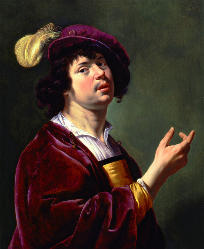 扬·范·比勒特（Jan Van Bijlert）作品-一个年轻人，半身长，穿着勃艮第夹克，戴着羽毛帽