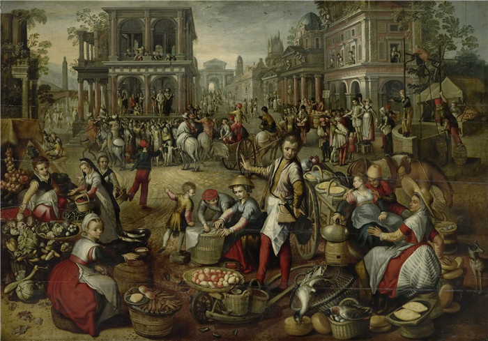 约阿希姆·布克莱尔(Joachim Beuckelaer)作品-以鞭打、Ecce Homo 和十字架为背景的市场