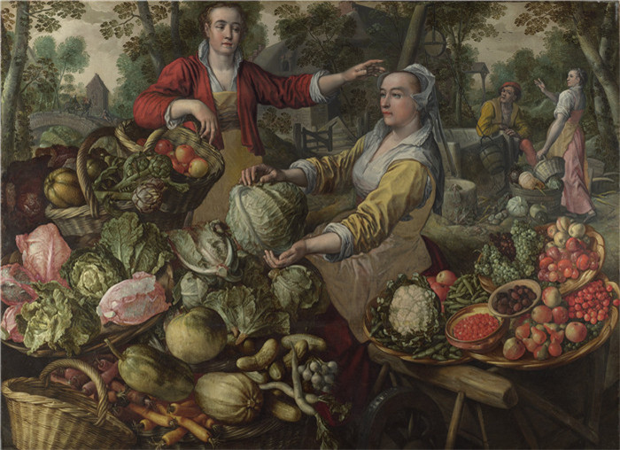 约阿希姆·布克莱尔(Joachim Beuckelaer)作品-四大元素：土，以飞往埃及的航班为背景的水果和蔬菜市场