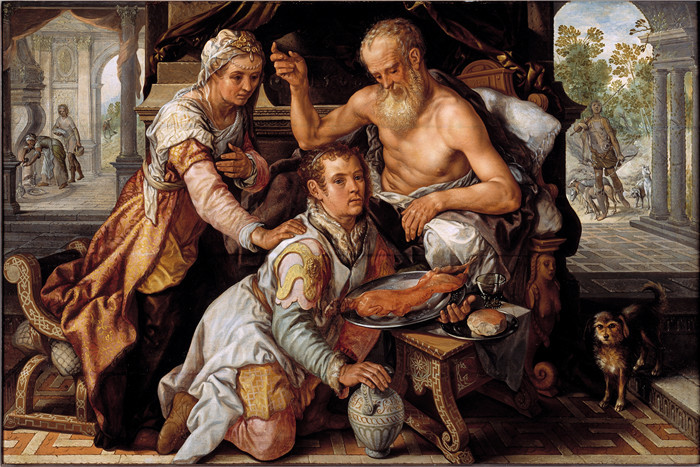 约阿希姆·布克莱尔(Joachim Beuckelaer)作品-以撒坐在床上祝福雅各，雅各伪装成以扫的衣服，给他的父亲带来食物