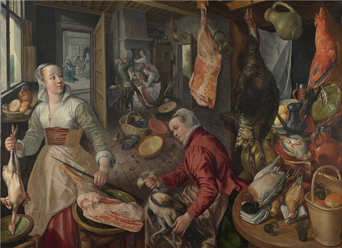 约阿希姆·布克莱尔(Joachim Beuckelaer)作品-四大元素：火，以马大和马利亚为背景的基督在厨房的场景