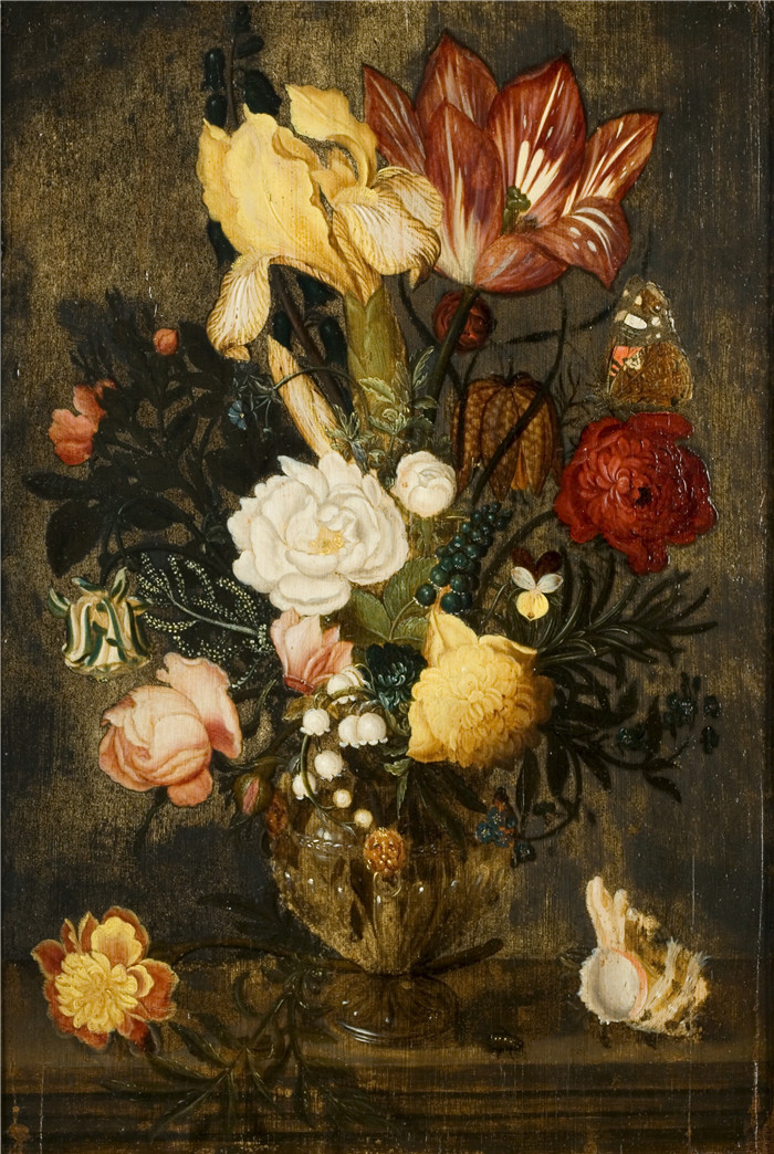 安布罗休斯·博沙耶特（Ambrosius Bosschaert）作品-方形玻璃杯中的花朵