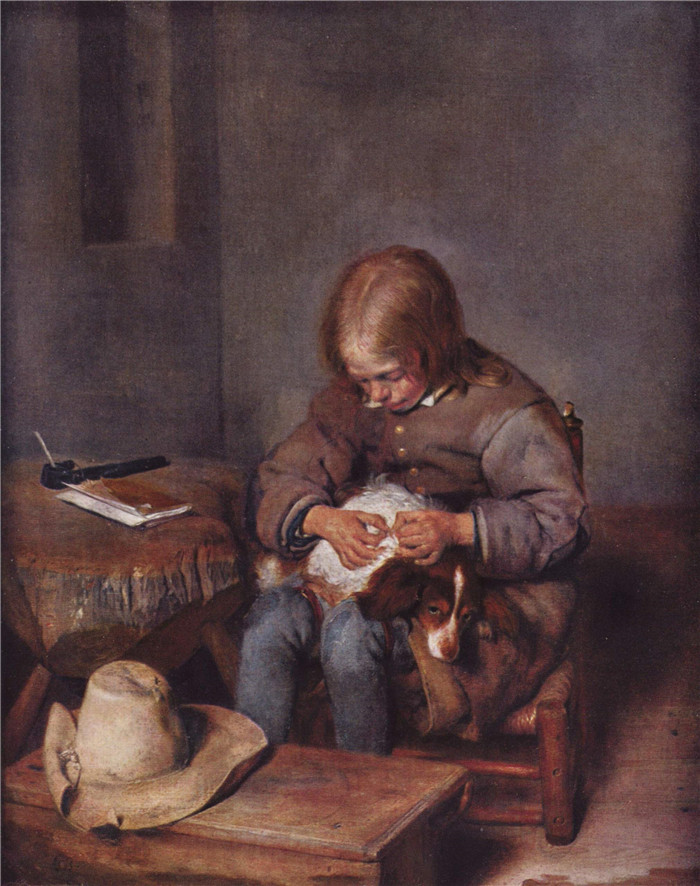 杰拉德·特·伯奇（Gerard ter Borch）作品-男孩清洁他的狗的外套