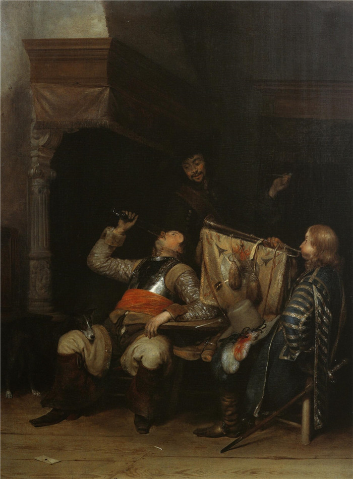 杰拉德·特·伯奇（Gerard ter Borch）作品-士兵们在室内喝酒、抽烟和播放音乐