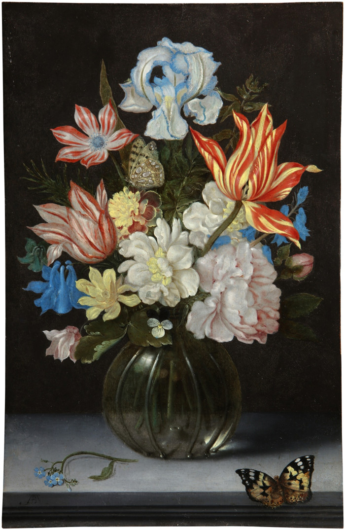 安布罗休斯·博沙耶特（Ambrosius Bosschaert）作品-郁金香、玫瑰、法国万寿菊、蓝色哥伦拜恩、罂粟海葵、鸢尾花和其他花朵的静物