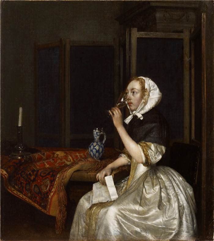 杰拉德·特·伯奇（Gerard ter Borch）作品-手里拿着一封信，手里拿着一杯酒的年轻女子