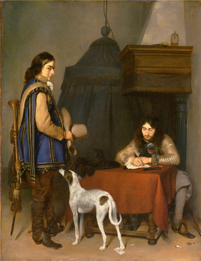 杰拉德·特·伯奇(Gerard ter Borch)作品-警官写信,带着一个小号手和一只狗