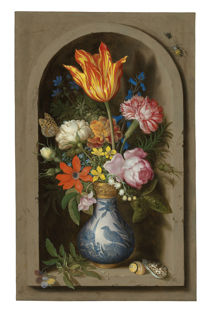 安布罗休斯·博沙耶特（Ambrosius Bosschaert）作品-万里镀金花瓶中的花朵，壁龛里有贝壳和昆虫