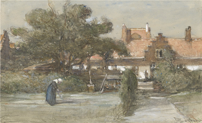 约翰内斯·博斯布姆(Johannes Bosboom) 画作-海牙 Paviljoensgracht 的 Heilige Geesthofje 庭院