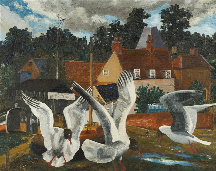 《风车和黑头鸥》塞德里克·莫里斯(Cedric Morris)-Pin Mill and black headed gulls