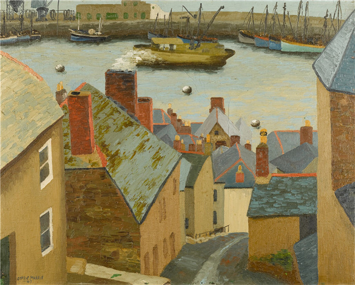 《从特雷沃塔街出发的纽林港》塞德里克·莫里斯(Cedric Morris)-Newlyn Harbour from Trewartha St., 1947