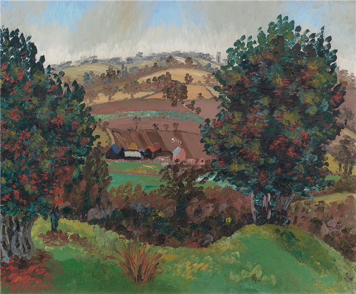 《萨福克郡的风景》塞德里克·莫里斯（Cedric Morris）-A Suffolk landscape with Steps Farm and Stoke by Nayland church
