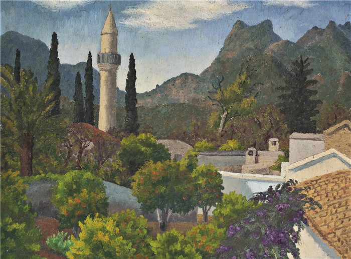 《塞浦路斯土耳其清真寺村》塞德里克·莫里斯(Cedric Morris)-sir turkish village with mosque cyprus