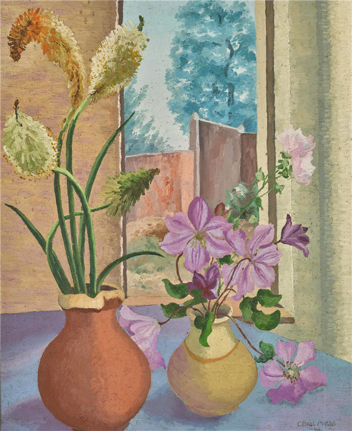 塞德里克·莫里斯(Cedric Morris)-静物(铁线莲、KNIPHOFIA和蜀葵)