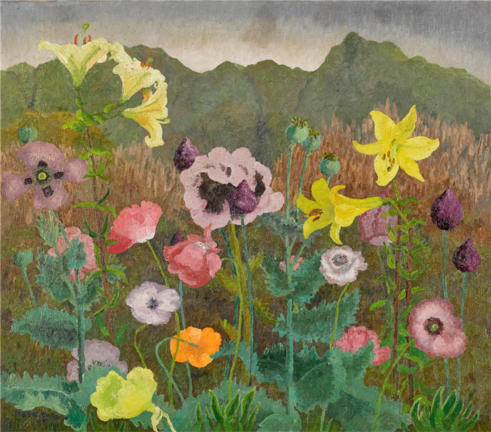 《百合花和罂粟花》塞德里克·莫里斯(Cedric Morris)-Lilies and Poppies against a Mountain Range, 1969