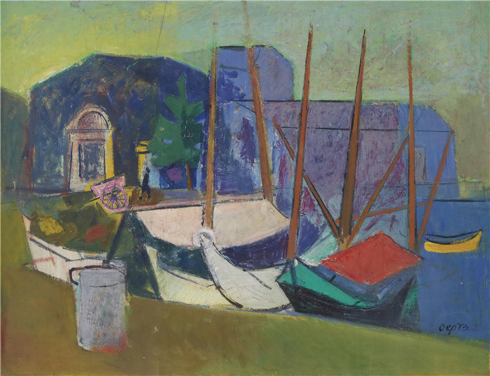 《港口中的船只》威廉·奥普茨（Willem Oepts）作品-boats in a harbour
