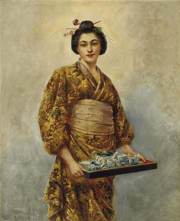 乔治·邓禄普·莱斯利（George Dunlop Leslie）油画-日本茶具服务员