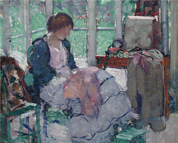 《年轻的缝纫女工》理查德·爱德华·米勒（Richard Edward Miller）-YOUNG LADY SEWING