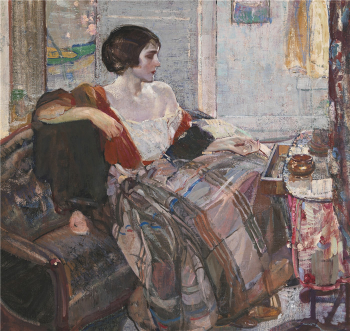 《坐在梳妆台前的女人》理查德·爱德华·米勒（Richard Edward Miller）-WOMAN SEATED AT A DRESSING TABLE